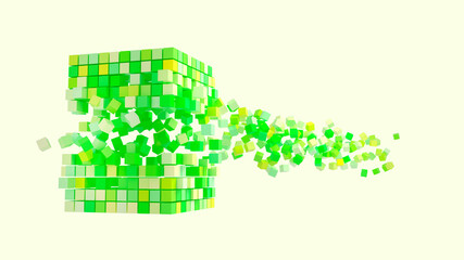 Abstract creative modern green 3d background three-dimensional cube exploding flying out of it small particles of the cube. 3d illustration