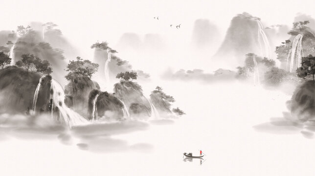Hand painted ink landscape with new Chinese artistic conception