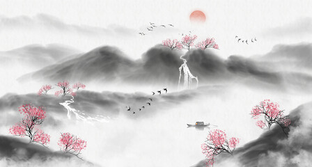 Hand painted ink landscape with new Chinese artistic conception