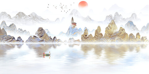 Freehand landscape painting Chinese style ink background painting
