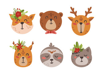 Cute boho baby animal faces and arrows isolated cliparts set