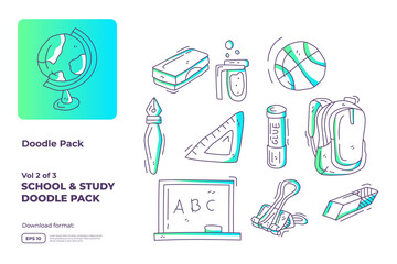 School and study doodle icon illustration set with gradient color line style vector illustration