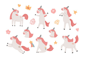 Fototapeta premium Pink cute unicorn kids isolated clipart bundle