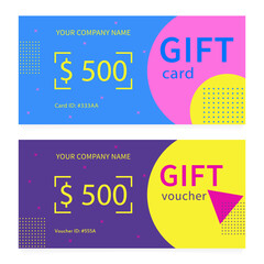 Gift card and Gift voucher. Set of certificates. Blue, pink, purple and yellow colors. Vector illustration.