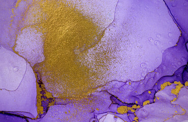 Watercolor purple and gold abstract stains background. Dark gradient texture.