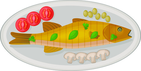 baked fish of the Mediterranean Sea seabasson an oval plate with olives tomatoes mushrooms and basil. A dish of Mediterranean cuisine. Vector illustration highlighted on awhite background.