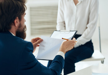 Male psychologist next to the patient communication psychotherapist consultation problem