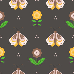 Seamless pattern with butterflies and folk flowers. Great for fabric, textile. Vector Illustration