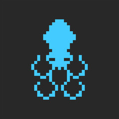 Octopus logo marine cartoon animal in a pixel style, blue squid decor in a minimal game style.