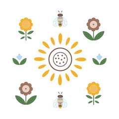 Folk composition of nature objects - flowers, bees, boho sunflower. Perfectly look on t-shirt, poster, nursery decoration, apparel design.