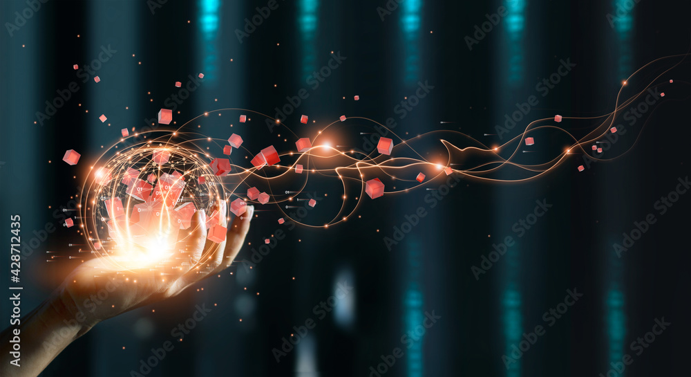 Poster Hand holding of global data network, Big data visualization of futuristic and block chain, Financial analysis, social network of databases, Abstract creativity.