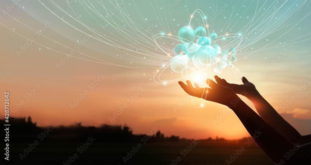 Leinwandbilder Hands holding global network connection icons. Internet of things and intelligence technology in digital network enables people lifestyle more smarter and comfortable, Innovation of futuristic.