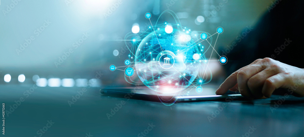 Poster businessman using tablet online banking and payment, digital marketing. finance and banking networki