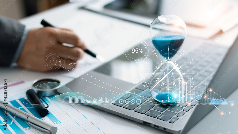 Poster Businessman managing projects and organizing time in critical situations from economic crisis using data analysis report to increase productivity and achieve business goal. Effective time management.