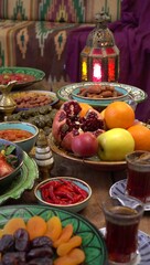 Arabic Cuisine: Middle Eastern traditional lunch on the table. Iftar food during month of Ramadan. The Meal eaten by fasting muslims after sunset. Moroccan or Egyptian Oriental restaurant 