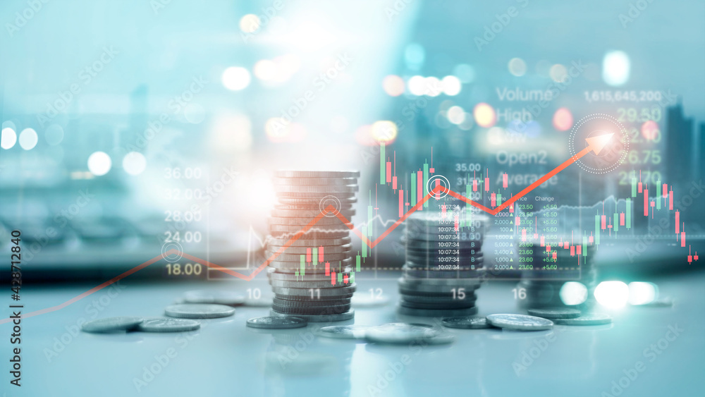 Poster Financial data on a city background. Stack of coins with stock market graph chart background. Idea for banking, financial investment and business growth in world economic development from crisis.