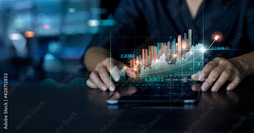Poster Businessman using tablet analyzing sales data and economic growth graph chart. Business planning and strategy. Analysing trading of exchange. Financial and banking. Technology digital marketing.