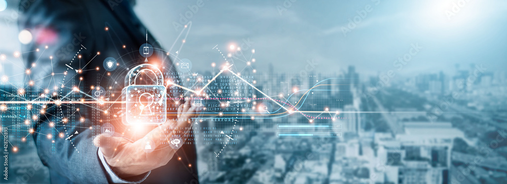 Poster Cyber security and data protection. Businessman holding padlock protecting business and financial data with virtual network connection. Innovation technology develop smart solution from digital attack