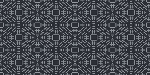 Monochrome background pattern with geometric ornament on a black background. Seamless pattern, texture. Suitable for design book cover, poster, wallpaper, invitation, cards. Vector graphics