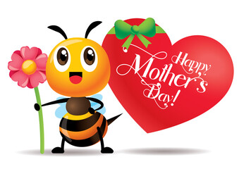 Happy Mother's Day. Cartoon cute bee holding a pink flower with big red heart signboard with greeting lettering - vector character