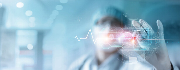 Medicine doctor holding pills of medical, Digital healthcare and analysis testing on hologram...