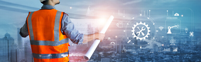 Double exposure image of construction engineer, architect or holding blueprint analyzing and...