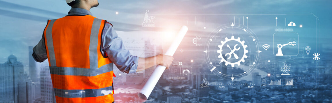 Double exposure image of construction engineer, architect or holding blueprint analyzing and construction icon on city background.