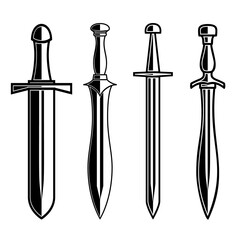 Set of illustrations of knight swords. Design element for logo, label, sign, emblem, poster. Vector illustration