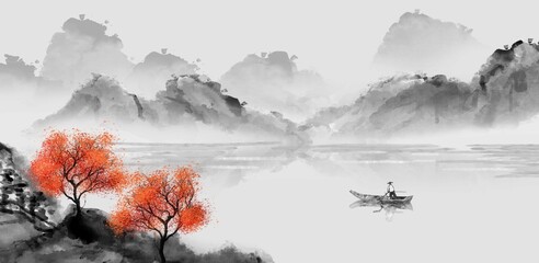 Fototapety  Ręcznie malowany obraz krajobrazu w stylu chińskim