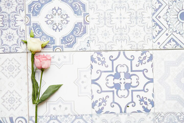 Ceramic tile background with eustoma flowers. Delicate vintage retro background. New wave of style