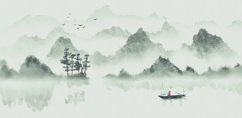 Chinese style new Chinese blue ink landscape painting