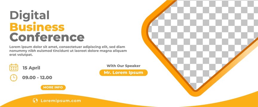 Business webinar horizontal banner template. Modern banner with orange frame and place for the photo.