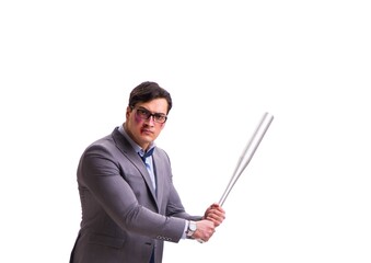 Businessman with baseball bat isolated on white