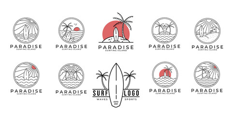 set / bundle paradise surf logo line art vector illustration design, paradise beach logo design. - obrazy, fototapety, plakaty