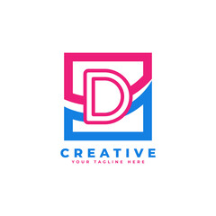 Corporation Letter D Logo With Square and Swoosh Design and Blue Pink Color Vector Template Element