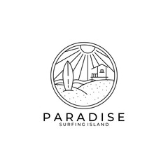 surfing logo line art vector illustration design, paradise beach logo design