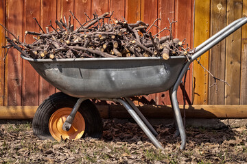 Finely chopped brushwood lies in a garden cart.