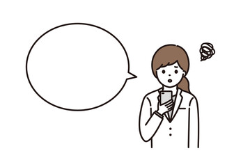 困った顔でスマートフォンを持つ女性薬剤師 吹き出し