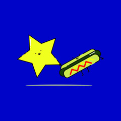 Cute hotdog fly with star Illustration. modern simple vector icon, flat graphic symbol in trendy flat design style. wallpaper. lockscreen. pattern. frame, background, backdrop, sign, logo.