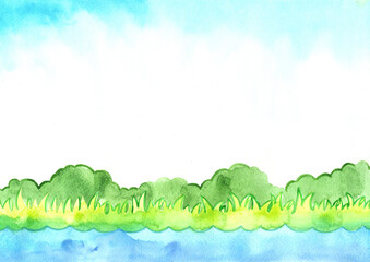 Lakeside landscape watercolor background for decoration on summer season, camping and nature concept.