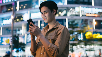 Young Asian man is using his phone while walking in the street at night