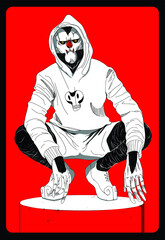 A man in a mask and hood sits in a cool pose. hand drawn style vector design illustrations. 