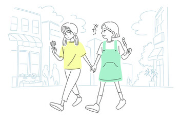 Cute girls are eating snacks on the street. hand drawn style vector design illustrations. 