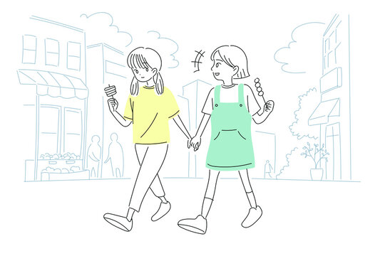 Cute girls are eating snacks on the street. hand drawn style vector design illustrations. 