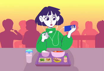 A woman eating a meal with earphones. hand drawn style vector design illustrations. 