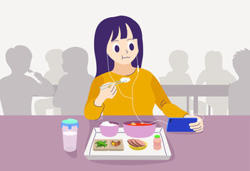 A woman eating a meal with earphones. hand drawn style vector design illustrations. 