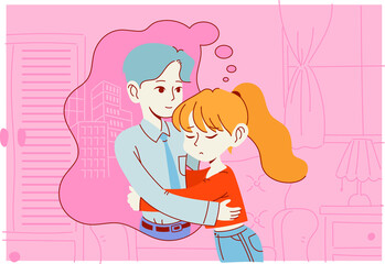 A girl is hugging her imaginary boyfriend. hand drawn style vector design illustrations. 