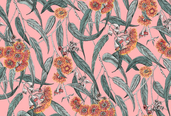 Seamless pattern with eucalyptus flowers and leaves. Eucalyptus grove. Gum tree forest.