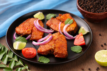 Fried fish, Kerala Fish fry in coconut oil India. Top view of fresh seafood curry served in house...