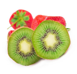 slice of juicy delicious and healthy ripe kiwi and strawberry isolated on white background